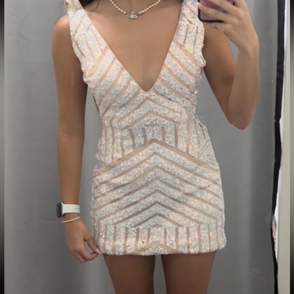 Jovani 63899 white sequin V neck dress